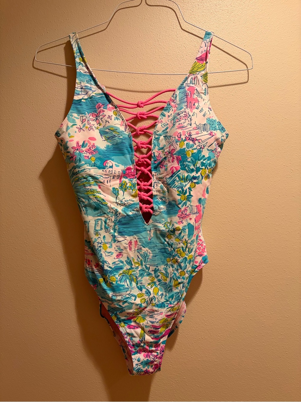 Lilly Pulitzer Pink & Aqua Floral Lace-Up One-Piece Swimsuit